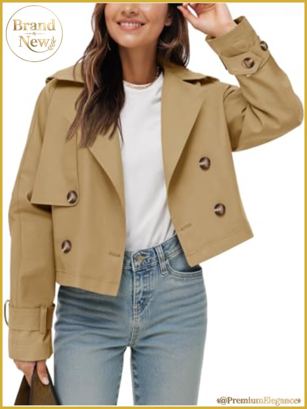 Cropped Trench Coat Double Breasted Lapel Long Sleeve Lightweight